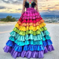 Unique Multi Color Tiered Long Women Skirts Puffy A-line Fluffy Tiered Satin Maxi Skirt Custom Made Female Skirt
