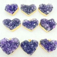 Natural Gem Stone Amethyst Heart Pendant Purple Crystal Quartz Raw Slab Geode for DIY Jewelry Making Necklaces Charm Gift 4Pcs