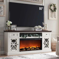 Farmhouse Fireplace TV Stand Electric Fireplace for 80 Inch TVs, 31" Tall Entertainment Center w/Drawer &amp; Diamond Panel Door,