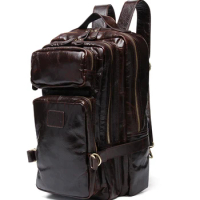 High Class Oil Waxed Genuine Leather Men Backpack Leather Travel Backpack men School Backpack male Mountaineering Bag Brown
