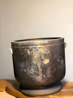 日本中古回流老物件 純銅刻金刻銀花卉雙耳銅火缽 燒烤圍爐 炭