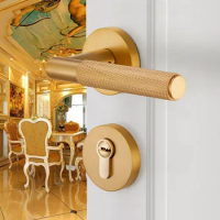 Solid Brass Indoor Lock Golden Europen Room Locks Modern Luxury Wood Door Handle Lockset Bedroom Bookroom Round Rod Locksets