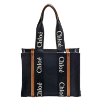 CHLOE 經典WOODY TOTE BAG系列帆布手提/肩背托特包(中-黑/米色)