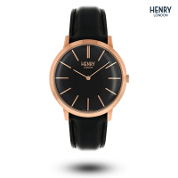 【HENRY LONDON】英國品牌 玫瑰金黑面黑色皮帶手錶 男錶 女錶 母親節(HL40-S-0248)