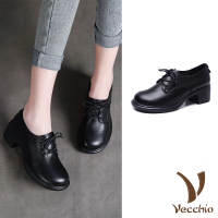 【Vecchio】真皮跟鞋 粗跟跟鞋/全真皮頭層牛皮百搭寬楦繫帶粗跟鞋(黑)