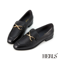 【HERLS】樂福鞋-全真皮蝴蝶結釦飾小方頭低跟樂福鞋(黑色)