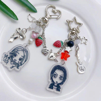 Y2K Nana Hachi rantai kunci kartun Strawberry Bass manik Keyring Girly fesyen kuning cincin beg kame