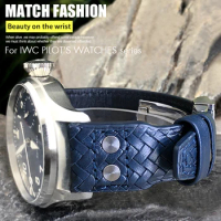 22mm 21mm Cowhide Woven Watchband Fit for IWC Big Pilot's Watches TOP GUN IW3777 IW5007 Blue Soft Leather Riveted Watch Strap