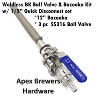 Weldless Boil Kettle Ball Valve &amp; Bazooka Kit w/ 1/2" Quick Disconnects, 12" Bazooka, 3 Piece SS316 Ball Valve,1/2" Hose Barb,