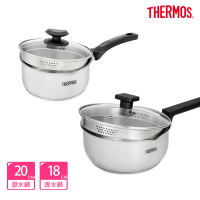 【THERMOS膳魔師】買1送1_不鏽鋼附蓋單柄湯鍋雪平鍋20cm+18cm(SPC-S20+SPC-S18)