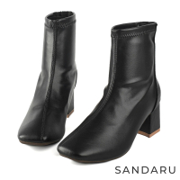 【SANDARU 山打努】襪靴 簡約斜車縫方頭高跟短靴(黑)