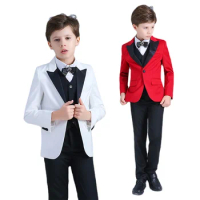 4 pieces Jacket+Vest+pant Formal Boys Suits Red Set Jacket Children Stage teenage Regular Piano performance size 110-160cm