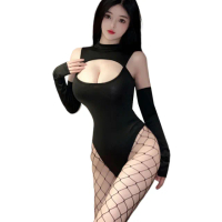 【愛衣朵拉】夜店辣妹服飾 高領開胸高叉連體衣 附黑色長袖套(黑色開襠連身衣)