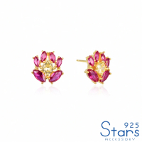 【925 STARS】純銀925粉色水晶花卉意象造型耳環(純銀925耳環 粉色耳環 水晶耳環)