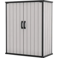Keter Tall 4.6 x 5.6 ft. Resin Outdoor Storage Shed with Shelving Brackets for Patio Furniture, Pool Accessories,Grey &amp; Black
