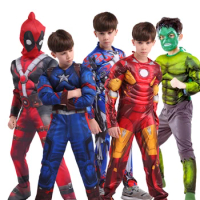 Superhero Spider Man Captain America Iron Man Thor Hulk Batman Cosplay Costume Muscle Bodysuit Jumpsuit for Kids Halloween Party