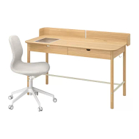 RIDSPÖ/LÅNGFJÄLL 書桌及椅子, 橡木 米色/白色, 140 x 70 公分