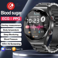 นาฬิกาสมาร์ทน้ำตาลเลือดไม่รุกรานผู้ชาย ECG PPG อุณหภูมิร่างกายที่แม่นยำ Monitor Smartwatch HRV นาฬิกาความดันโลหิต