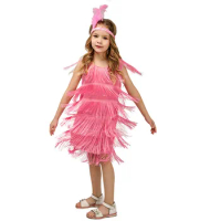 Short Sleeve Dress Girl Girls Flapper Dress Sequins Fringe Latin Dance Dress Tassel Tango Dress Tight Dress for Kids Girl