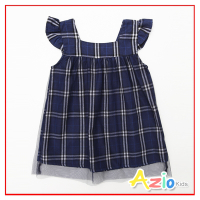 Azio kids美國派 女童 洋裝 經典格紋網紗荷葉邊無袖洋裝(藍)