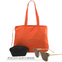 (買就送)BOTTEGA VENETA 素面摺疊收納帆布購物包(黑/橘-附編織收納包)
