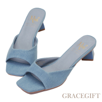 【Grace Gift】小貓聯名-甜甜奶油方塊丹寧中跟拖鞋 牛仔