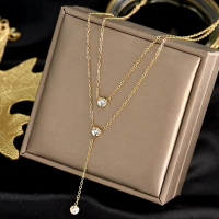 K224 Kalung Titanium Premium Wanita 2 Layer Rantai Nori Liontin Mutiara Anti Menghitam Lapis Emas 18