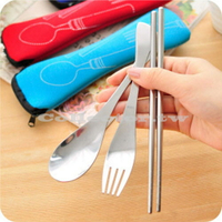 環保不銹鋼三件套餐具組 戶外便攜式餐具 筷勺叉 三件套
