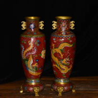 17"Tibet Temple Collection Old Bronze Cloisonne Enamel Dragon Phoenix Texture Bat Ear flower Vase A pair Amass wealth