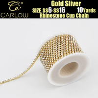CARLOW Super shiny SS6-SS16 Gold Crystal Dense Rhinestone Cup Chain Sliver/Gold Claw Strass Rhinestone Chain For Decor