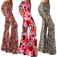 Hippie Vintage Costume 70s Women Wide Leg Flared Pants Printed Trousers Five Piece Halloween Cosplay Disco performances Clothing