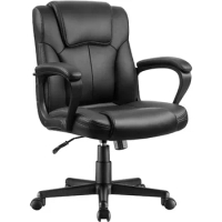 Executive Office Chair Mid Back Swivel Computer Task, Ergonomic Leather-Padded Desk Seats with Lumbar Support,Armrests, Black