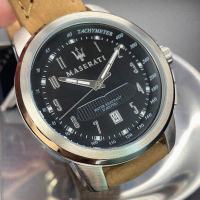 【MASERATI 瑪莎拉蒂】MASERATI手錶型號R8851121004(黑色錶面銀錶殼咖啡色真皮皮革錶帶款)