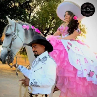 Luxury Charro Pink Quinceanera Dress 2024 Mexican Costume Ball Gown Tiered Flowers Sweet 15 Years Birthday Dress Vestido De Xv