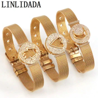 5Pcs 2021 New Fashion Adjustable Stainless Steel Mesh Gold Plated CZ Mix Pattern Charm Watch Bracelet Mom's gift
