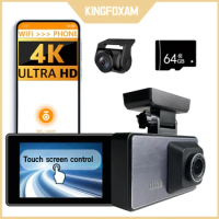 KINGFOXAM DashCam 4k Car Camera Front and Rear DVR Built-in Wi-Fi Night Vision Reversing 24HParking G-sensor With Free 64GB Card