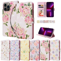 Anti-theft Case For Samsung Galaxy A12 A22 A32 A52 A13 A23 A33 A53 S21 Plus S22 Ultra Flower Pattern Leather Wallet Flip Cover
