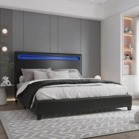 Queen Size Bed,LED Faux Leather Upholstered Platform Bed Frame with LED lighting,Wood Slat Support,Modern&amp;luxury Bed for bedroom