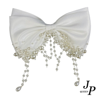 【Jpqueen】高雅緞帶蝴蝶結珍珠流蘇彈簧一字髮夾(2色可選)