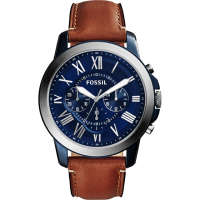 【FOSSIL】Grant 旗艦三眼計時手錶-藍x棕/44mm 畢業禮物(FS5151)