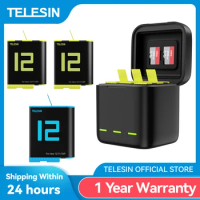 TELESIN 1750 mAh Battery For GoPro Hero 12 11 10 9 Battery 3 Slots LED Light Charger TF Card Battery Storage Box