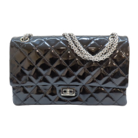 【二手名牌BRAND OFF】CHANEL 香奈兒【再降價】黑色 菱格紋漆皮 2.55 鍊帶 兩用包 銀扣 A37587