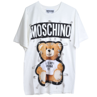 MOSCHINO COUTURE 別針彩色泰迪熊品牌字母LOGO圖騰棉質寬版T恤上衣(白底)