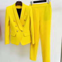 Tesco Office Suit Sets For Women Double Breasted Shawl Collar Blazer Pants Yellow Blue Female Suit 2 Piece For Party Wear
