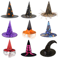 Halloween Hat, Pumpkin Print Curved Tissue, Wizard Hat, Black, Pointed, Suitable for Wizard Party De
