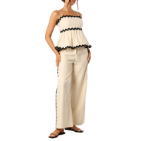 Women's 2 Piece Summer Set Square Neck Backless Ruffled Hem Spaghetti Strap Crop Tops + Drawstring Wide Leg Pants Outfits