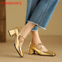 2024 Summer Mature Gold Silver Women Pumps Sexy Buckle up High Square Heels Lady Dress Shoes Plus Small Big Size 11 32 43 48