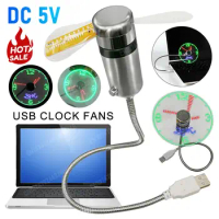 LED Clock Fan DC 5V Mini Cooling Flashing Fan Clock Fans Time Temperature Display Real Time Display Flexible Gooseneck LED Clock