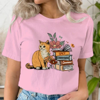 Fashion Women's Ginger Cat Books Trend T-shirts Cute Casual Short Sleeve Clothes Floral Books Graphic Tee Ladies Kitten T Shirt