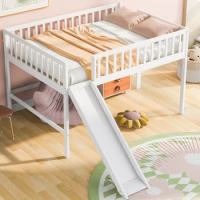 Full Size Low Loft Bed with Ladder and Slide,White